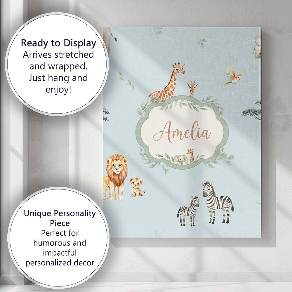 Personalised Name Cute Safari Animals Custom Modern Room Accent Creative Decorator Style Canvas Wall Art Print Decor Picture Ready to Hang