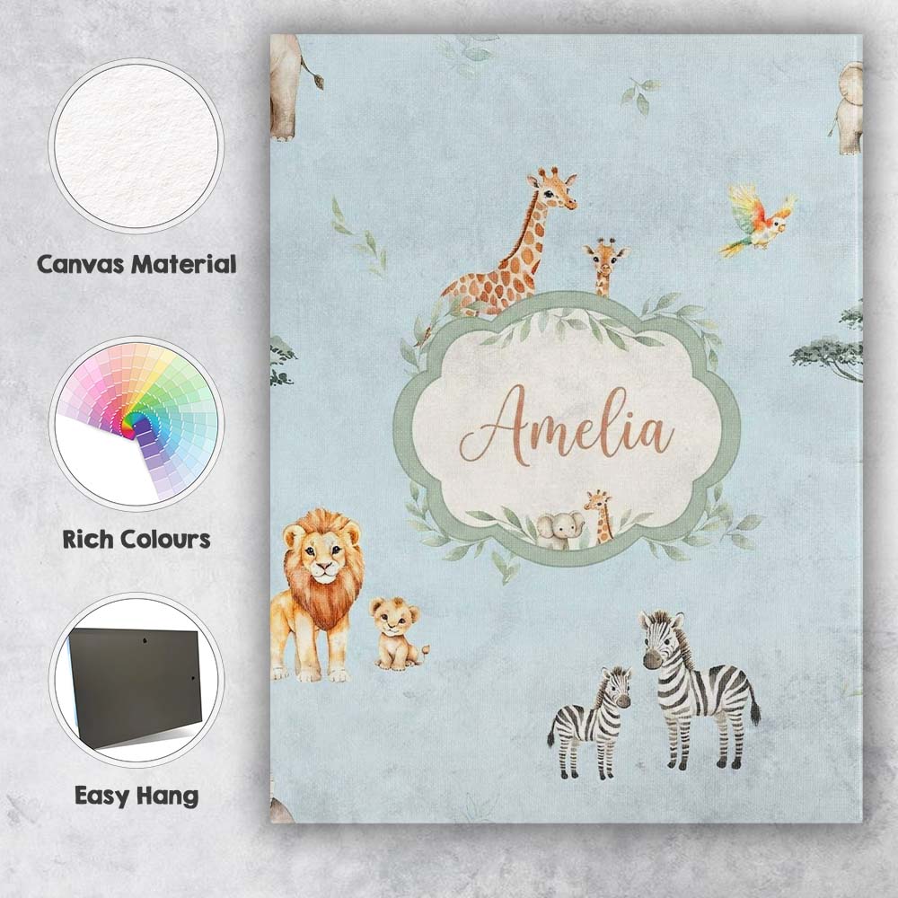 Personalised Name Cute Safari Animals Custom Modern Room Accent Creative Decorator Style Canvas Wall Art Print Decor Picture Ready to Hang