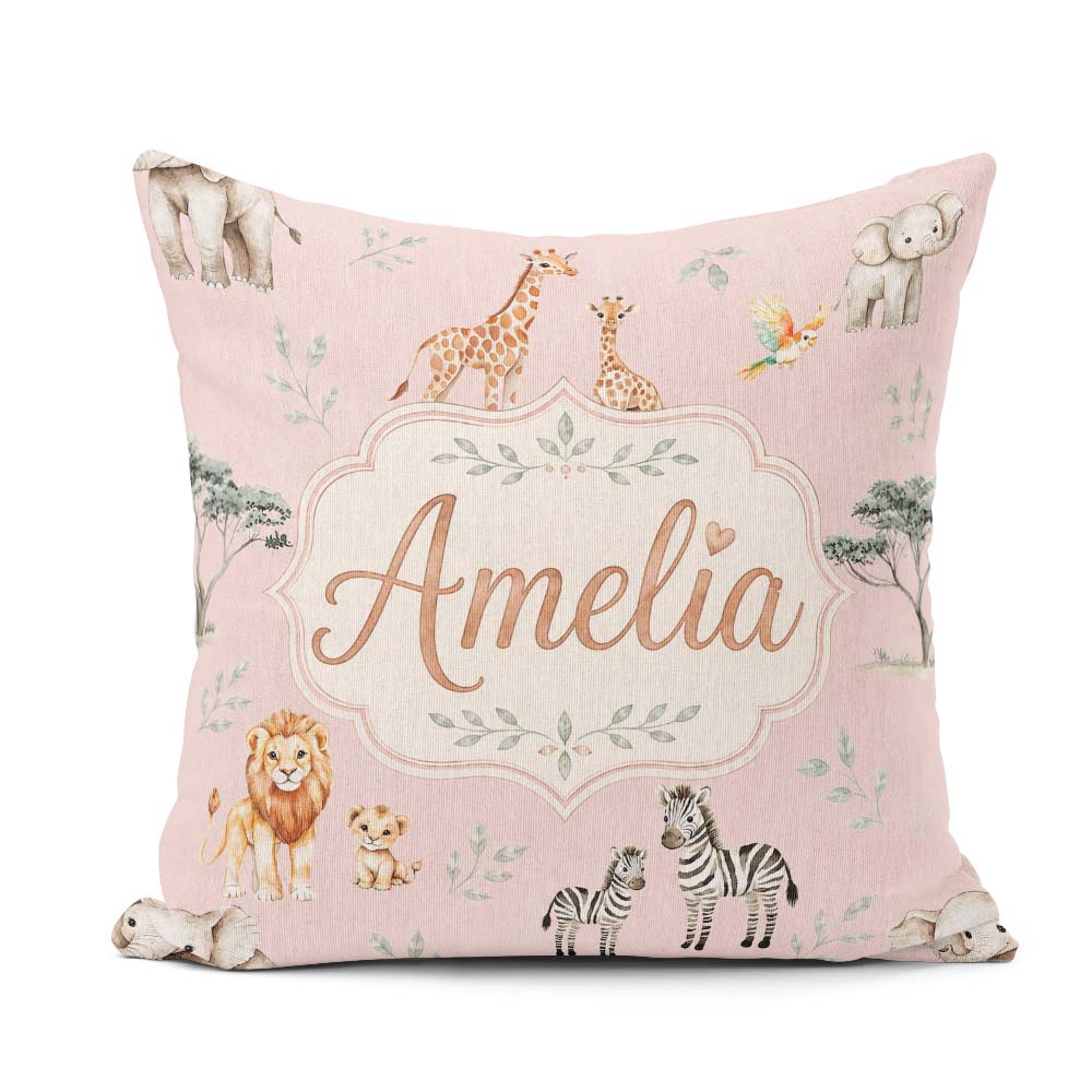 Custom Name Cute Safari Animals Giraffe Lion Zebra on Soft Pink Square Filled Cushion Throw Pillow Sofa Bed Home Decor Zip Washable UK Made