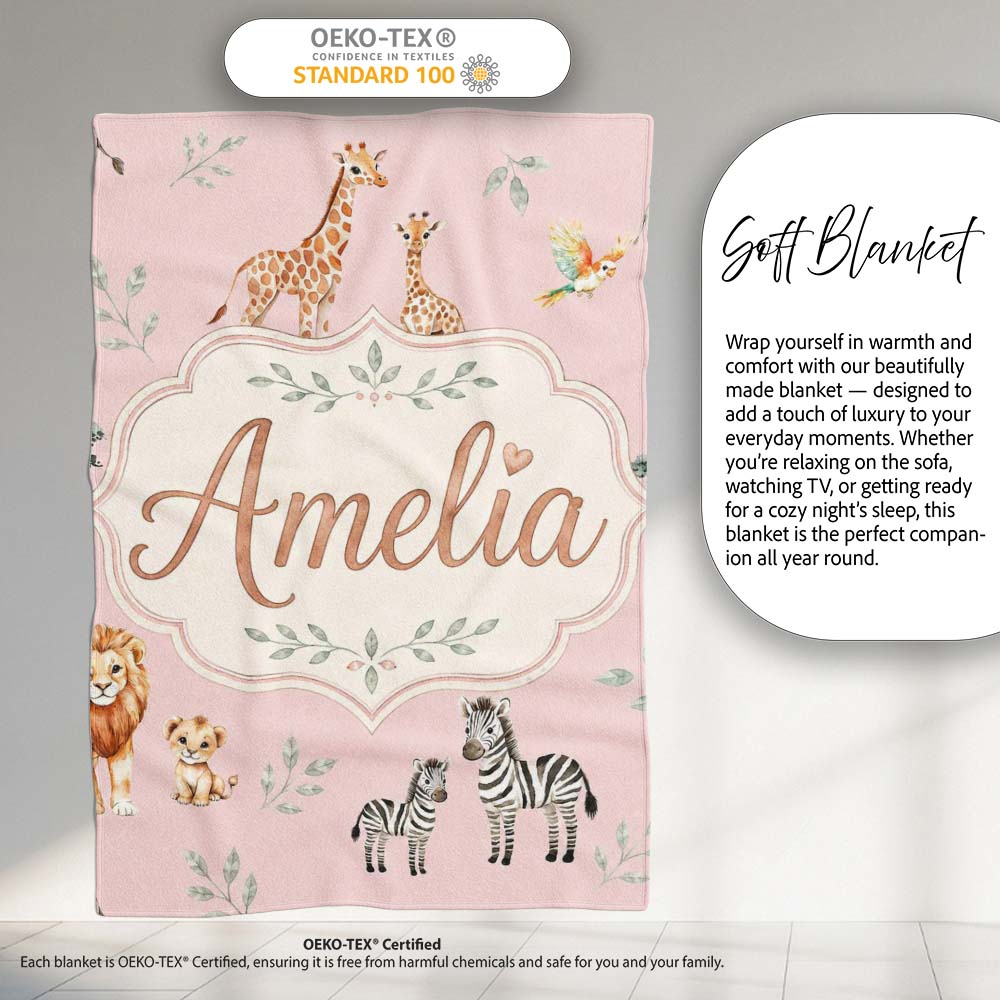 Cute Safari Animals Giraffe Lion Zebra on Soft Pink Background Personalised Custom Name Super Soft Fleece Blanket Bed Sofa Throw