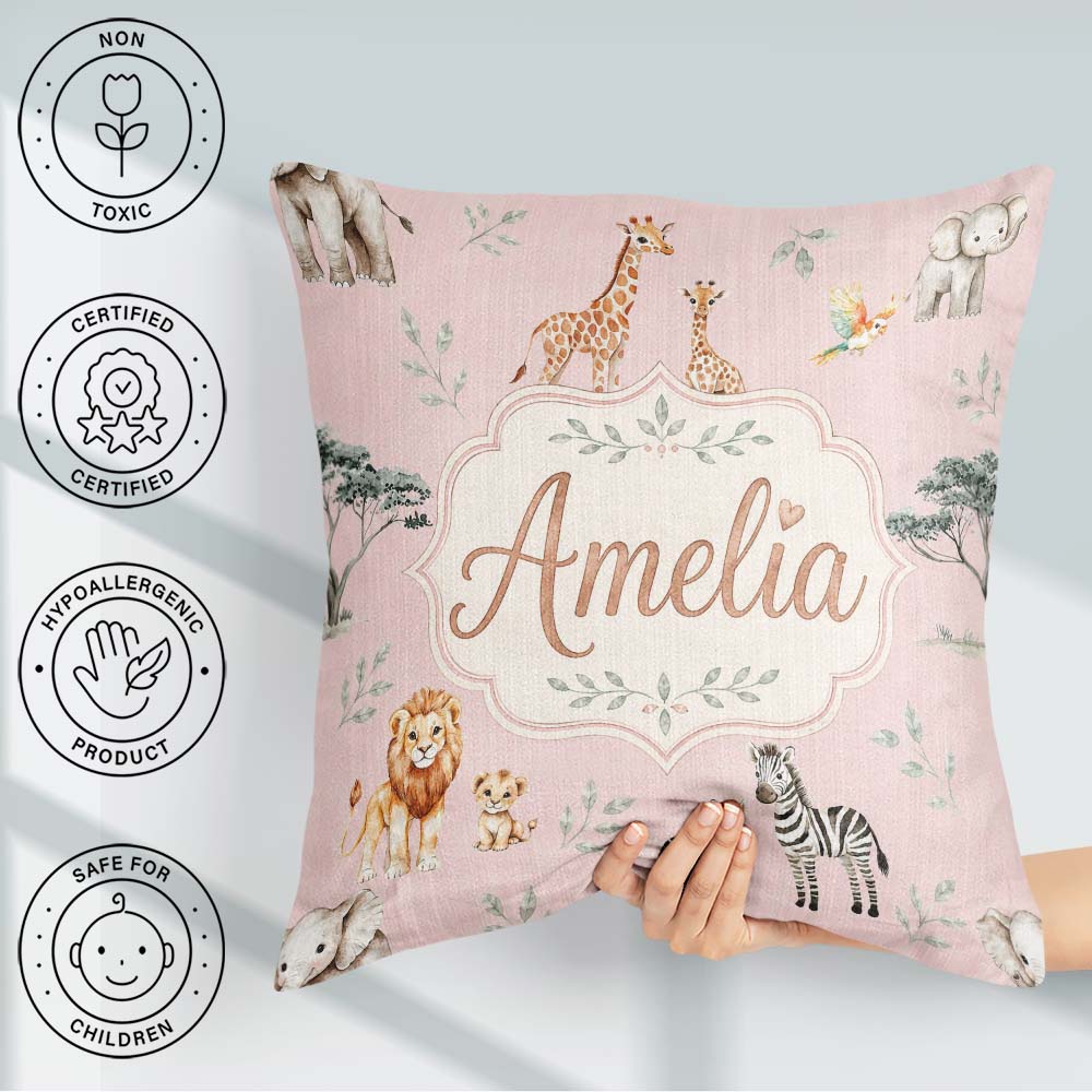 Custom Name Cute Safari Animals Giraffe Lion Zebra on Soft Pink Square Filled Cushion Throw Pillow Sofa Bed Home Decor Zip Washable UK Made