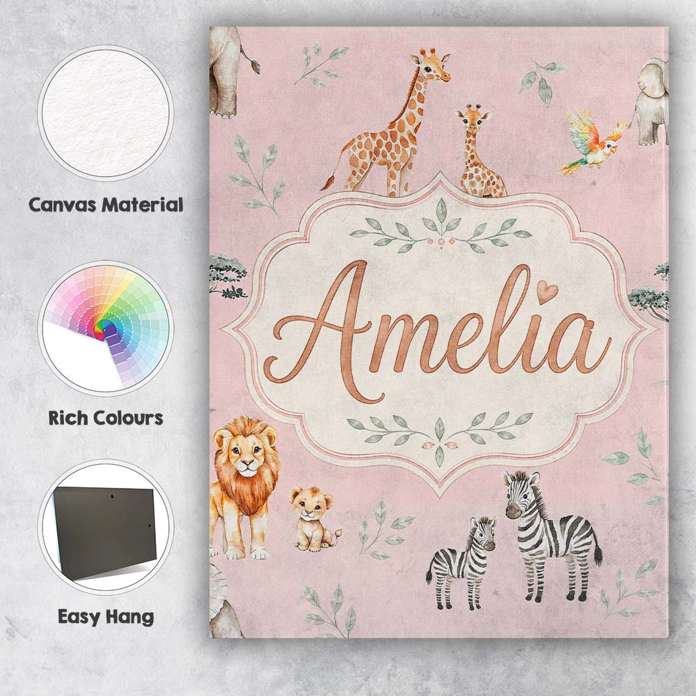 Personalised Name Cute Safari Animals Custom Modern Room Accent Creative Decorator Style Canvas Wall Art Print Decor Picture Ready to Hang