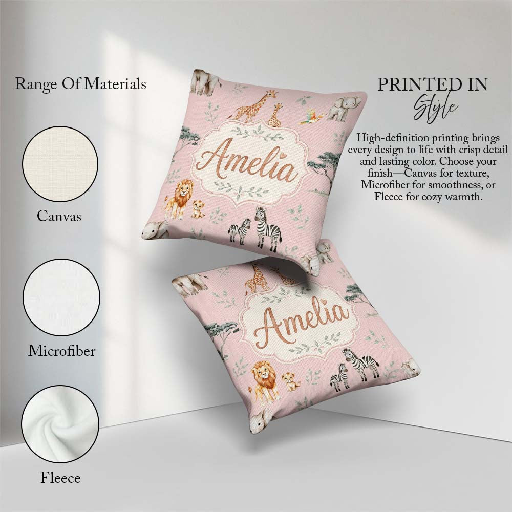 Custom Name Cute Safari Animals Giraffe Lion Zebra on Soft Pink Square Filled Cushion Throw Pillow Sofa Bed Home Decor Zip Washable UK Made