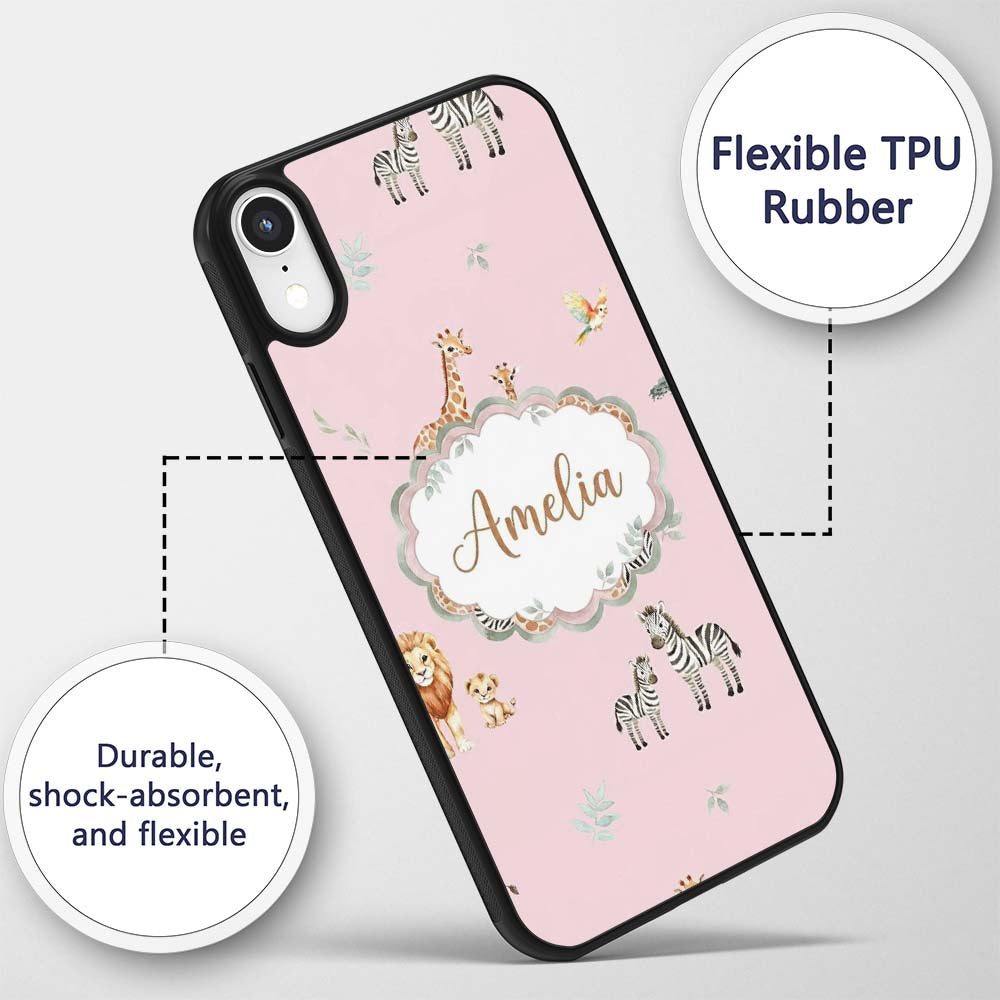 Safari Animals Giraffe Lion Zebra on Blush Pink Custom Name Protective Phone Case Mobile Cover Durable Everyday Smartphone Shock Resistant