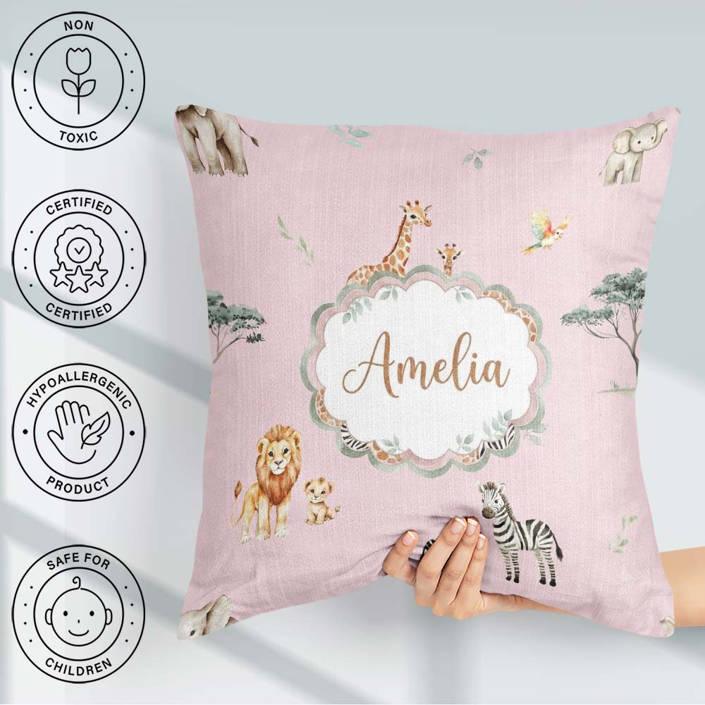 Custom Name Safari Animals Giraffe Lion Zebra Blush Pink Pattern Square Filled Cushion Throw Pillow Sofa Bed Home Decor Zip Washable UK Made