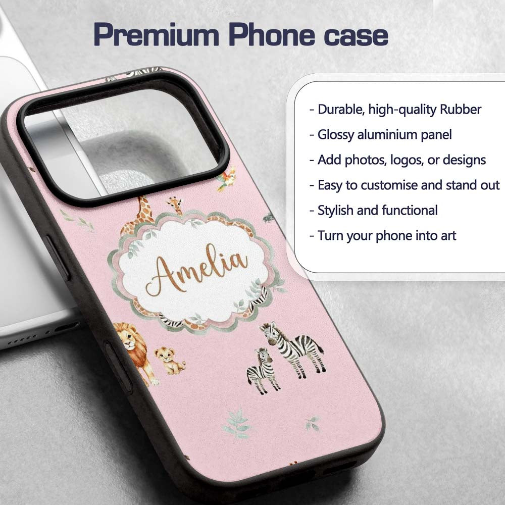 Safari Animals Giraffe Lion Zebra on Blush Pink Custom Name Protective Phone Case Mobile Cover Durable Everyday Smartphone Shock Resistant