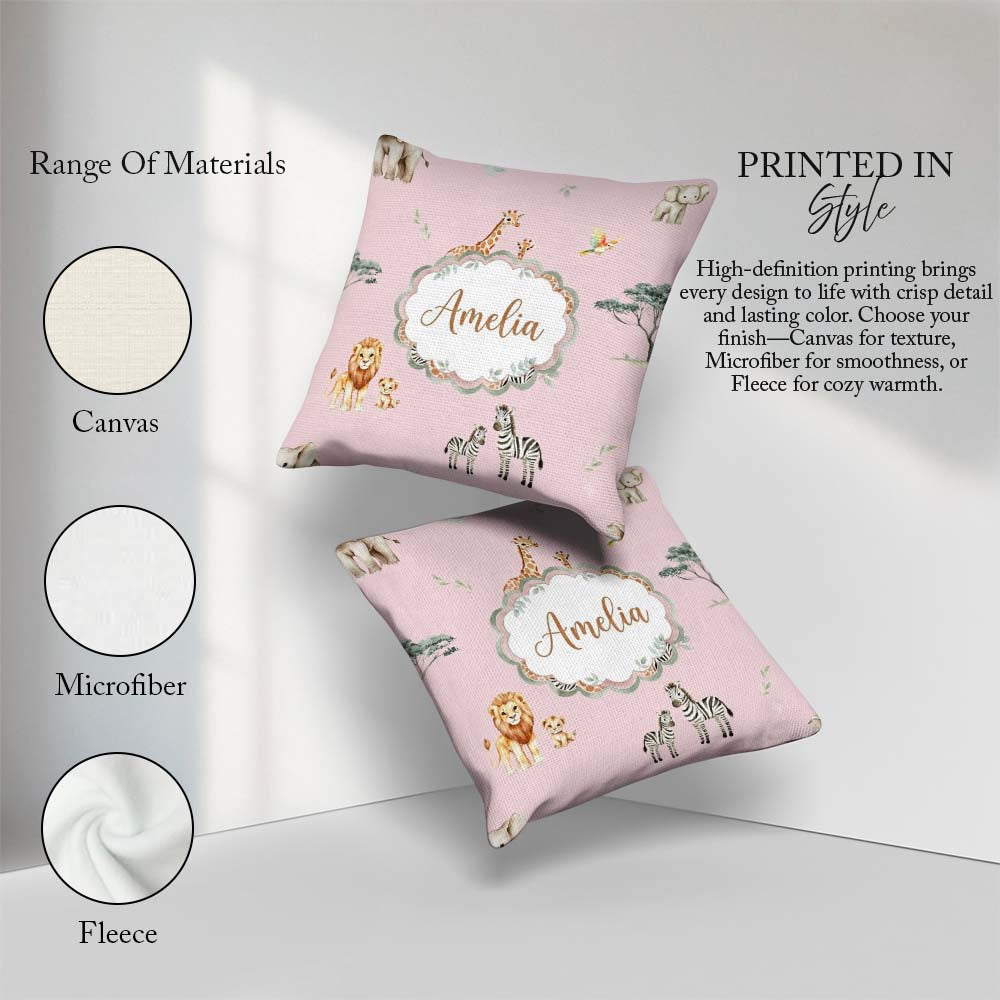 Custom Name Safari Animals Giraffe Lion Zebra Blush Pink Pattern Square Filled Cushion Throw Pillow Sofa Bed Home Decor Zip Washable UK Made