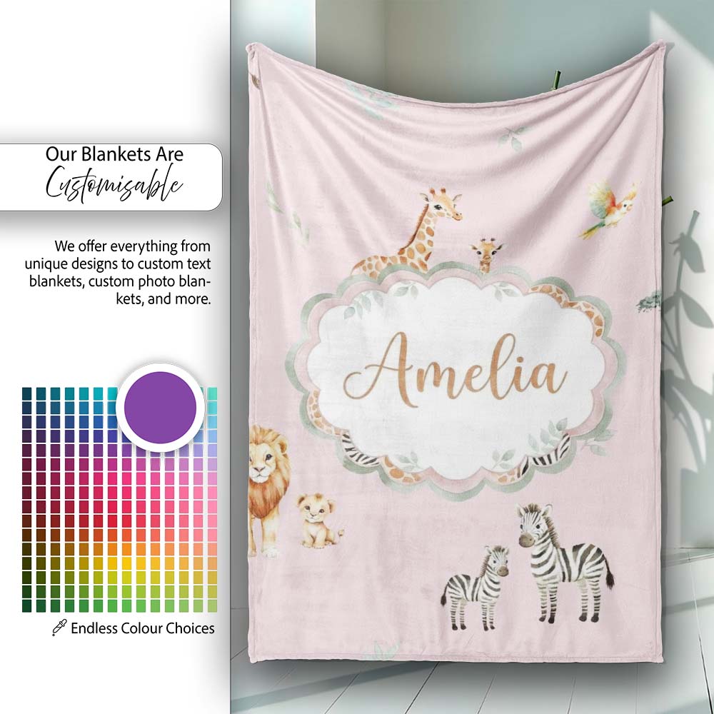 Safari Animals Giraffe Lion Zebra on Blush Pink Seamless Pattern Personalised Custom Name Super Soft Fleece Blanket Bed Sofa Throw