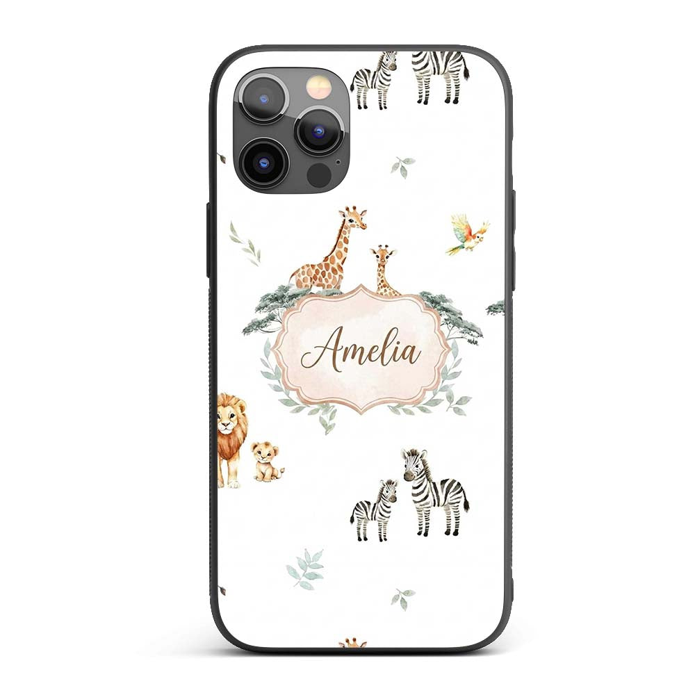 Safari Animals Giraffe Lion Zebra on Light Grey Custom Name Protective Phone Case Mobile Cover Durable Everyday Smartphone Shock Resistant