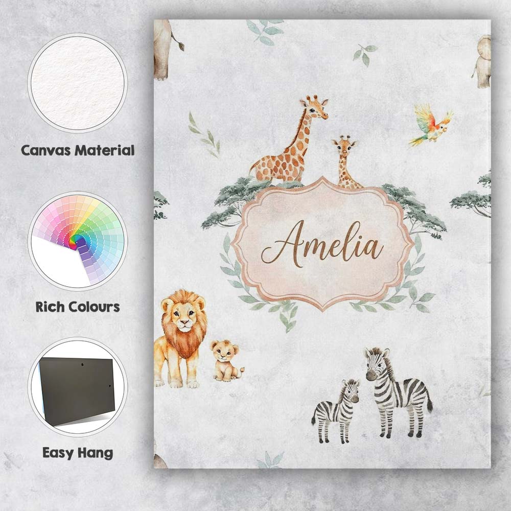 Personalised Name Safari Animals Giraffe Custom Unique Gift Idea Elegant Feature Canvas Wall Art Print Decor Picture Ready to Hang