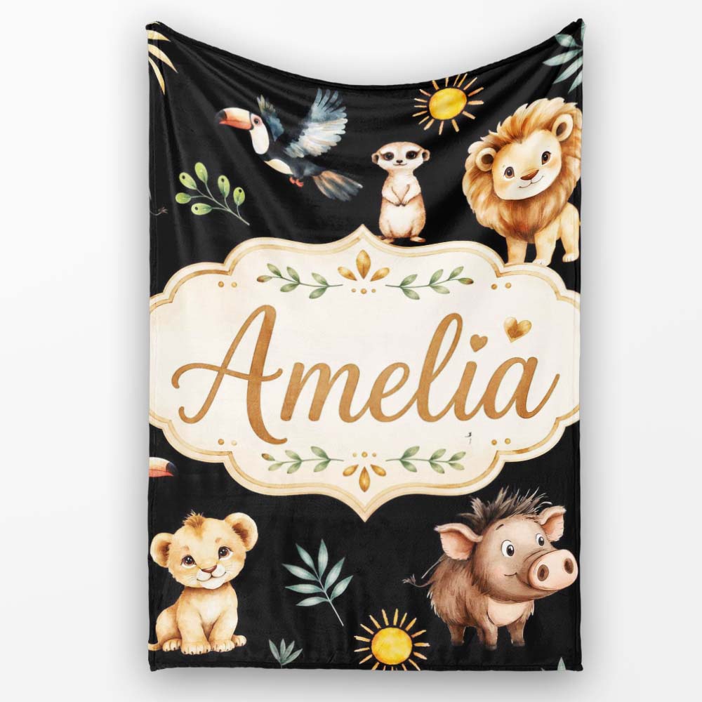Jungle Animals Lion Meerkat Toucan Boar on Black Seamless Pattern Personalised Custom Name Super Soft Fleece Blanket Bed Sofa Throw