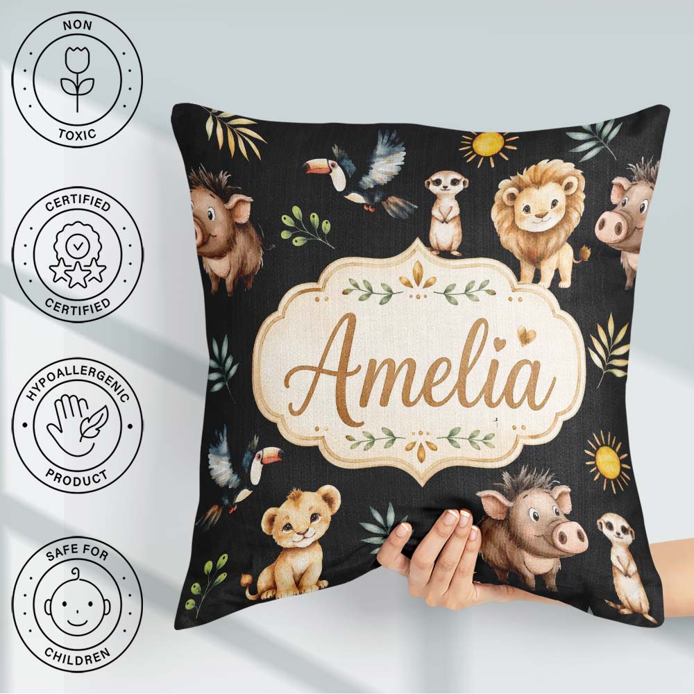 Custom Name Jungle Animals Lion Meerkat Toucan on Black Seamless Square Filled Cushion Throw Pillow Sofa Bed Home Decor Zip Washable UK Made