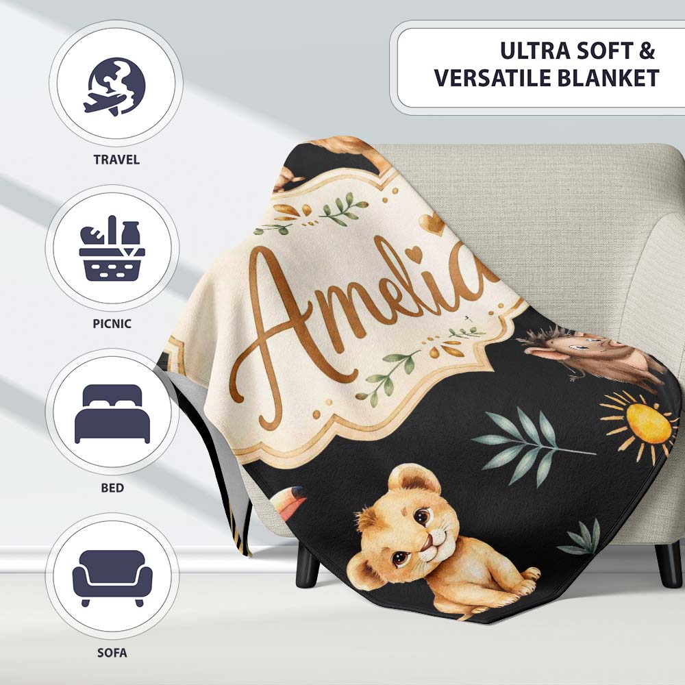 Jungle Animals Lion Meerkat Toucan Boar on Black Seamless Pattern Personalised Custom Name Super Soft Fleece Blanket Bed Sofa Throw