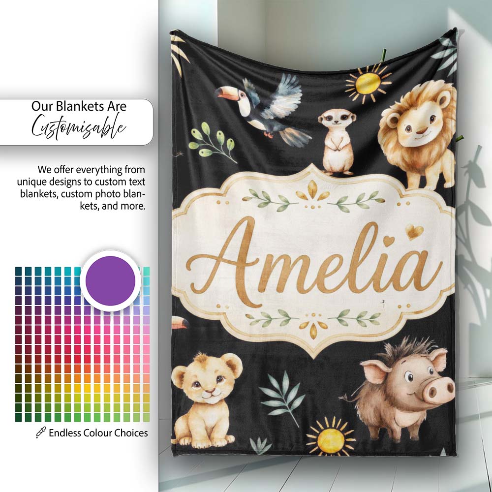 Jungle Animals Lion Meerkat Toucan Boar on Black Seamless Pattern Personalised Custom Name Super Soft Fleece Blanket Bed Sofa Throw