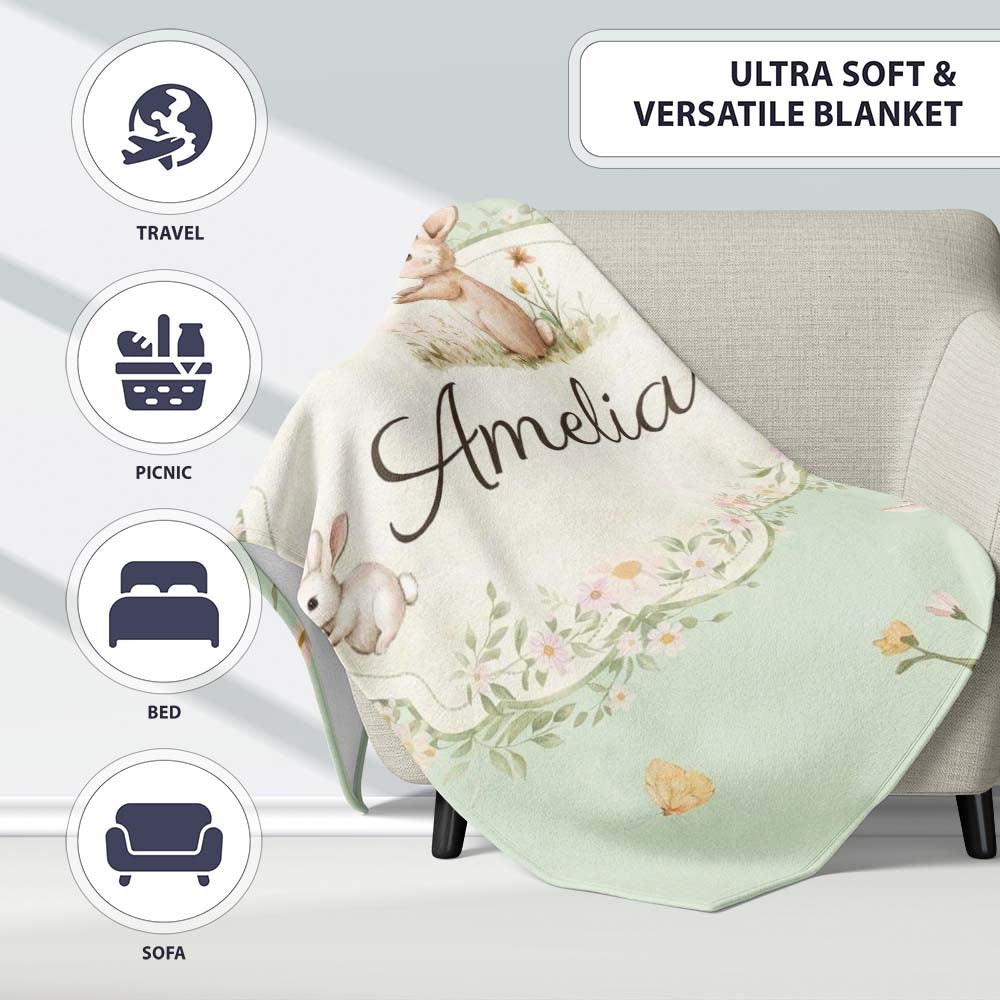Watercolor Bunny Floral Meadow Pastel Green Seamless Pattern Lovely Personalised Custom Name Super Soft Fleece Blanket Bed Sofa Throw