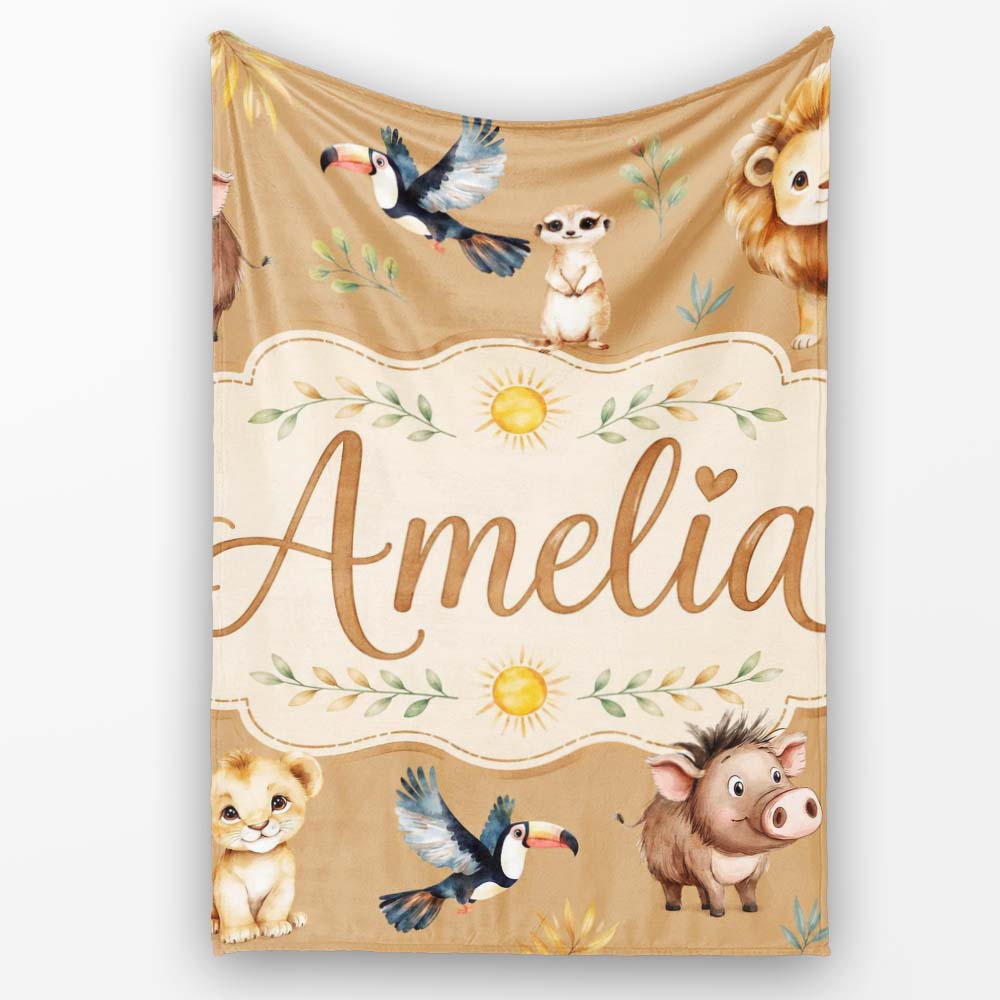 Jungle Animals Lion Meerkat Toucan Boar on Brown Seamless Pattern Personalised Custom Name Super Soft Fleece Blanket Bed Sofa Throw