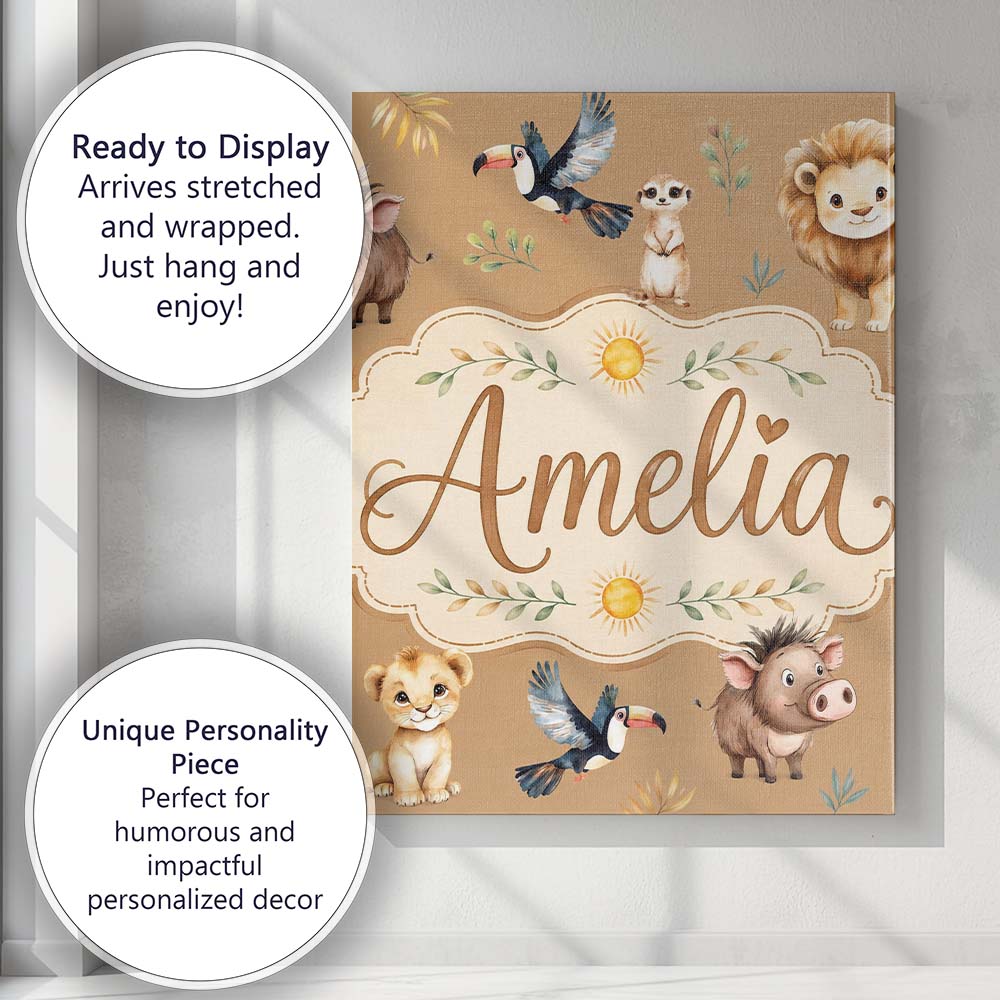 Personalised Name Jungle Animals Lion Custom Modern Room Accent Creative Decorator Style Canvas Wall Art Print Decor Picture Ready to Hang