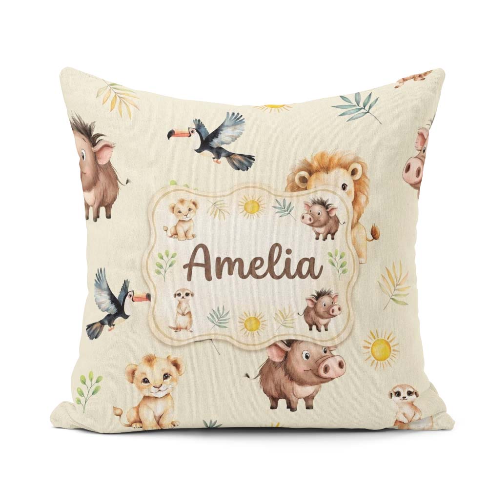 Custom Name Jungle Animals Lion Meerkat Toucan on Cream Seamless Square Filled Cushion Throw Pillow Sofa Bed Home Decor Zip Washable UK Made