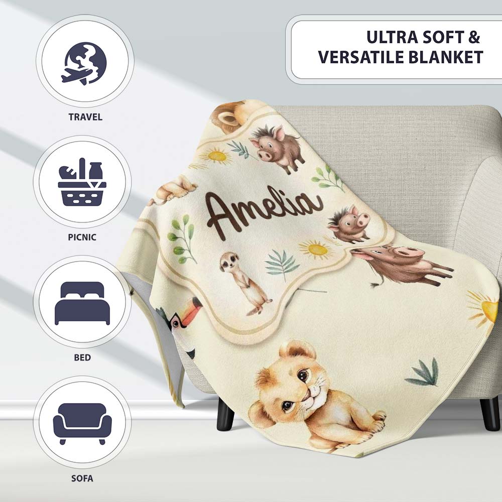 Jungle Animals Lion Meerkat Toucan Boar on Cream Seamless Pattern Personalised Custom Name Super Soft Fleece Blanket Bed Sofa Throw