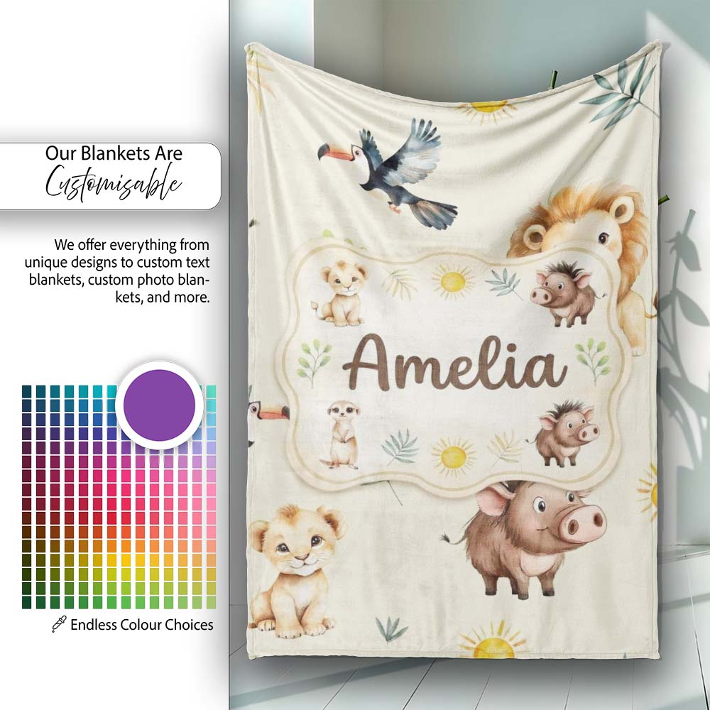 Jungle Animals Lion Meerkat Toucan Boar on Cream Seamless Pattern Personalised Custom Name Super Soft Fleece Blanket Bed Sofa Throw