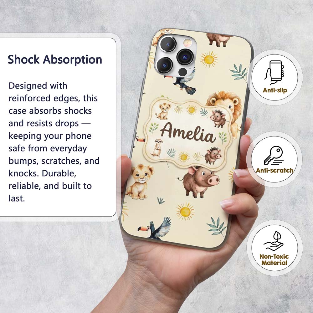 Jungle Animals Lion Meerkat Toucan Boar on Cream Custom Name Protective Phone Case Mobile Cover Durable Everyday Smartphone Shock Resistant