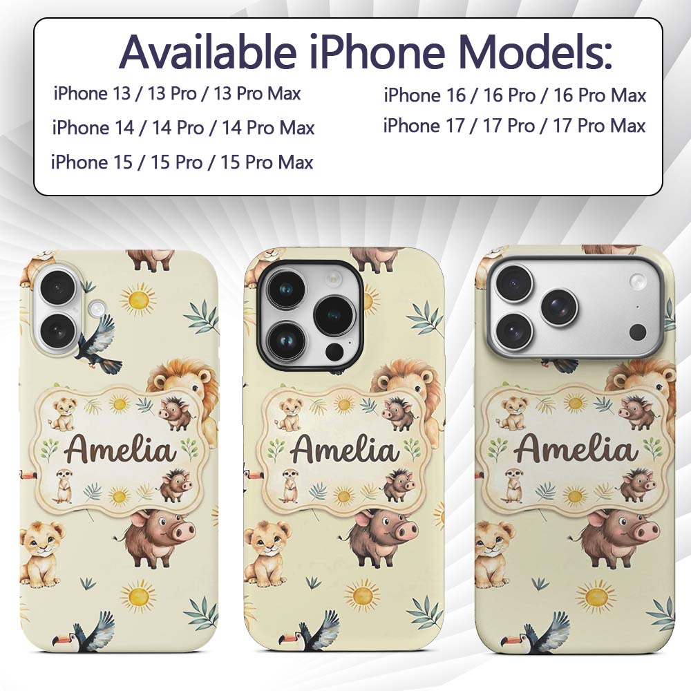 Jungle Animals Lion Meerkat Toucan Boar on Cream Custom Name Protective Phone Case Mobile Cover Durable Everyday Smartphone Shock Resistant