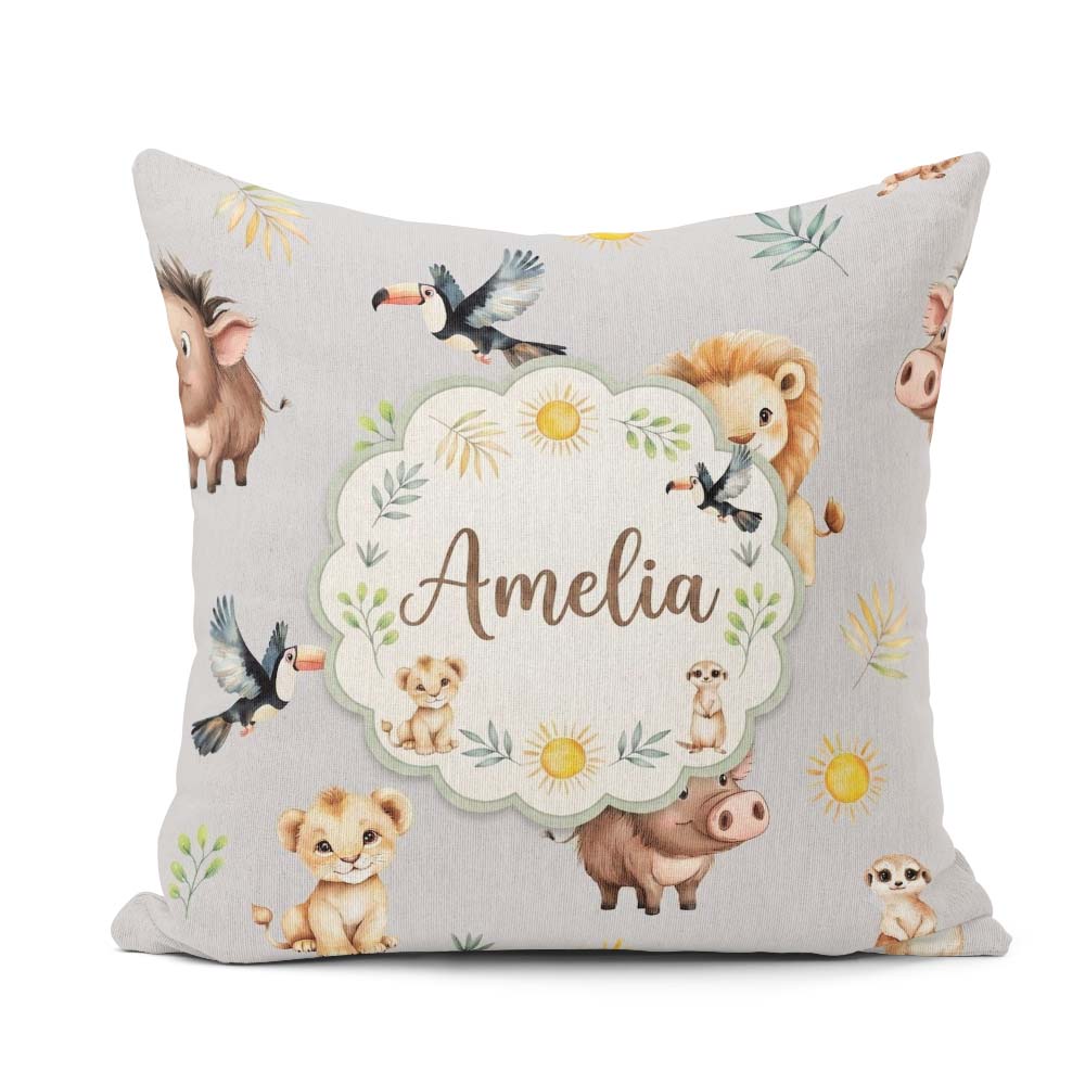 Custom Name Jungle Animals Lion Meerkat Toucan Boar Grey Pattern Square Filled Cushion Throw Pillow Sofa Bed Home Decor Zip Washable UK Made