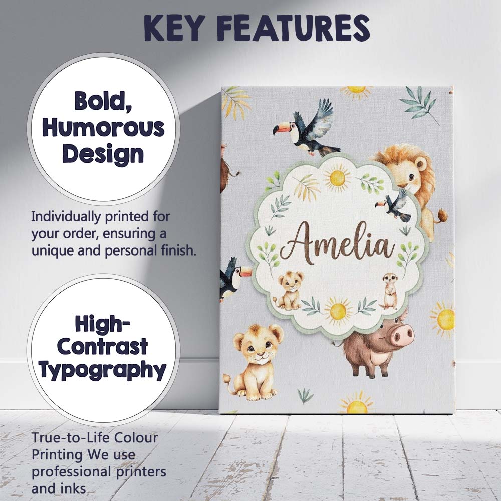 Personalised Name Jungle Animals Lion Custom Modern Room Accent Creative Decorator Style Canvas Wall Art Print Decor Picture Ready to Hang