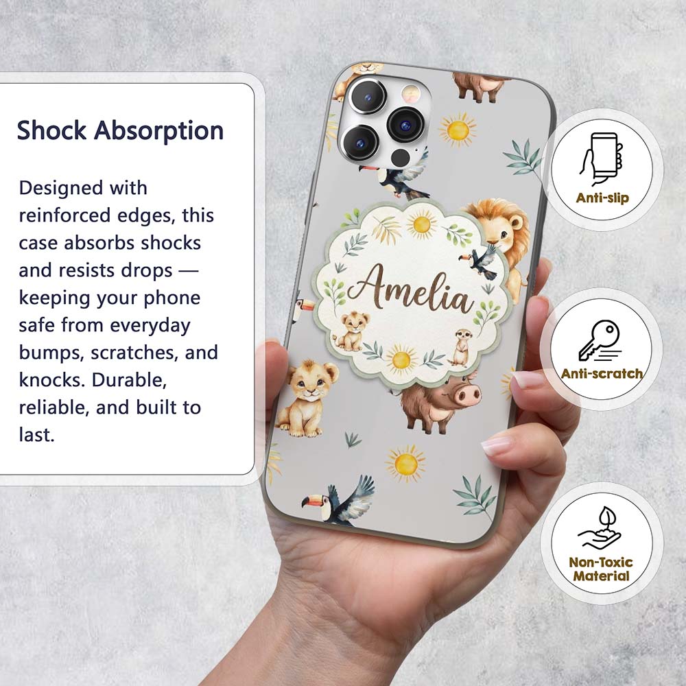 Jungle Animals Lion Meerkat Toucan Boar on Grey Custom Name Protective Phone Case Mobile Cover Durable Everyday Smartphone Shock Resistant