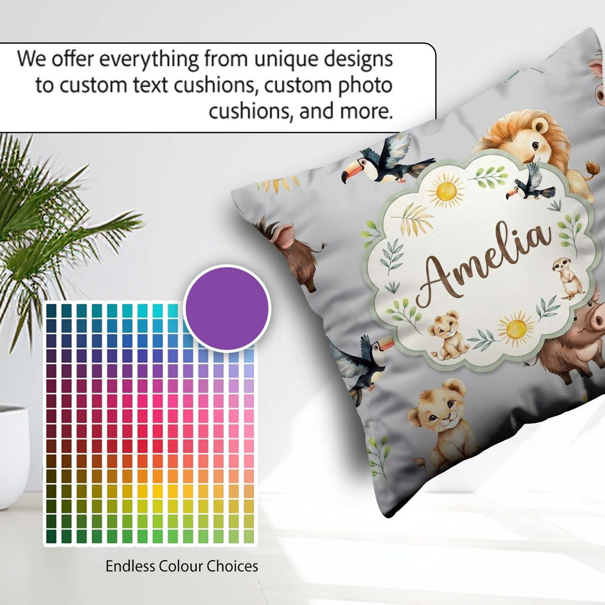 Custom Name Jungle Animals Lion Meerkat Toucan Boar Grey Pattern Square Filled Cushion Throw Pillow Sofa Bed Home Decor Zip Washable UK Made