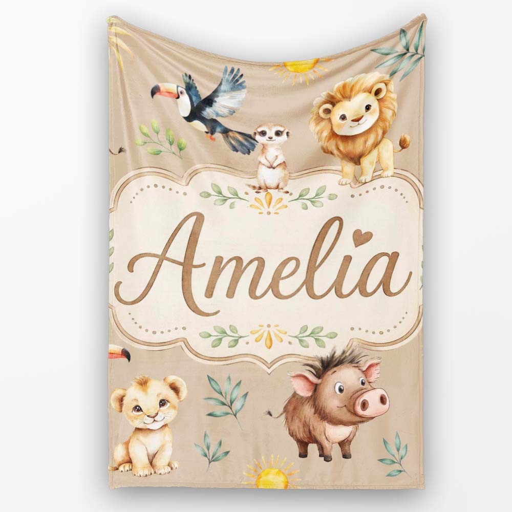 Jungle Animals Lion Meerkat Toucan Boar on Warm Beige Seamless Personalised Custom Name Super Soft Fleece Blanket Bed Sofa Throw