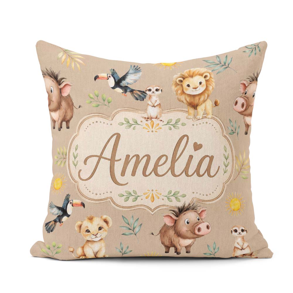 Custom Name Jungle Animals Lion Meerkat Toucan on Beige Seamless Square Filled Cushion Throw Pillow Sofa Bed Home Decor Zip Washable UK Made