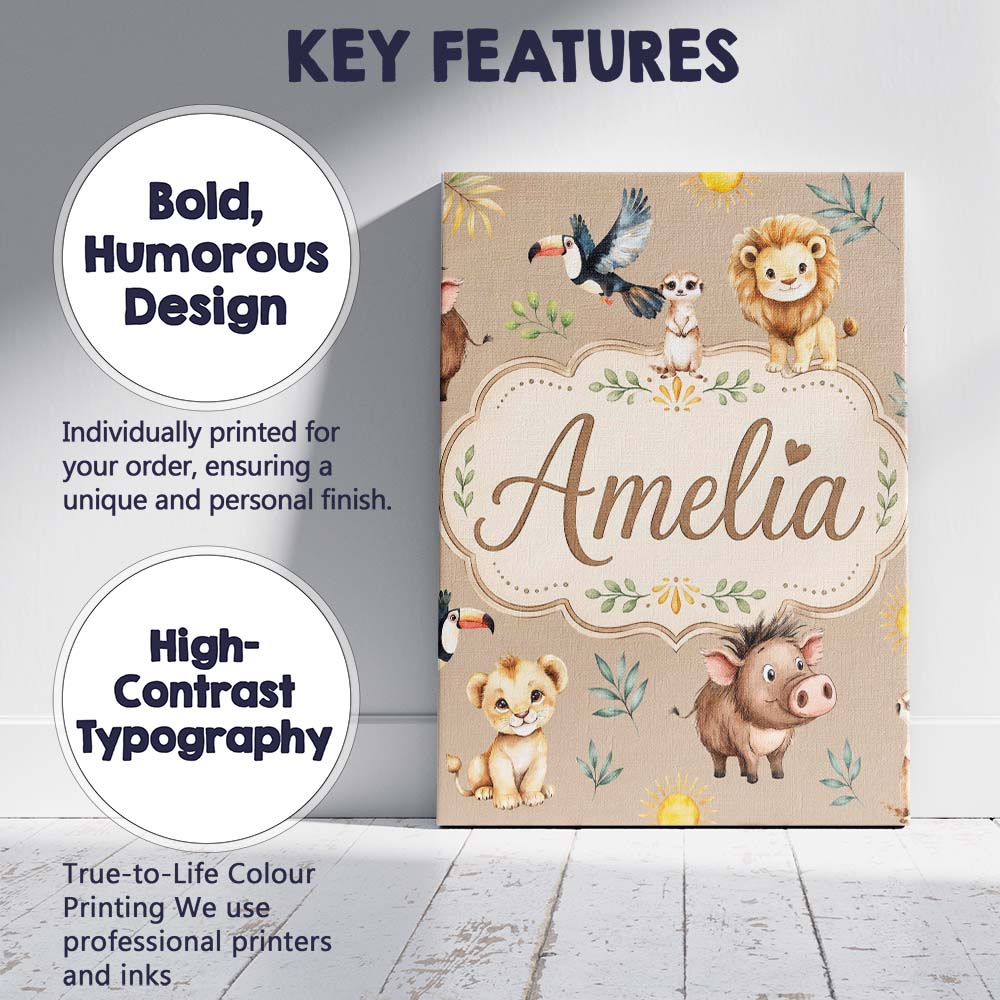 Personalised Name Jungle Animals Lion Custom Modern Room Accent Creative Decorator Style Canvas Wall Art Print Decor Picture Ready to Hang