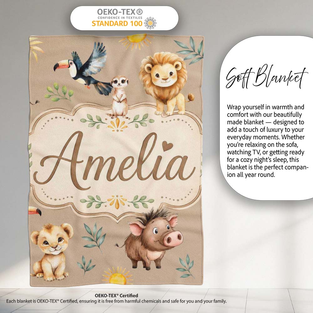 Jungle Animals Lion Meerkat Toucan Boar on Warm Beige Seamless Personalised Custom Name Super Soft Fleece Blanket Bed Sofa Throw