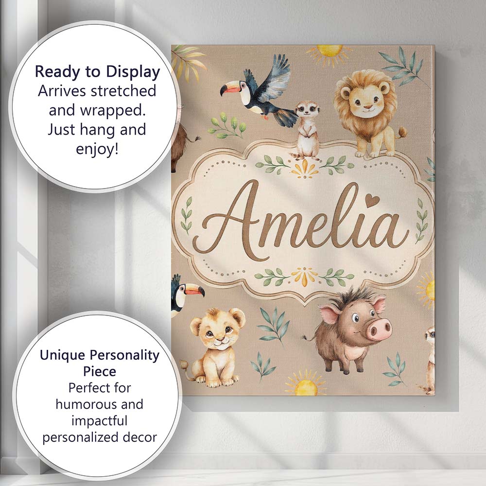 Personalised Name Jungle Animals Lion Custom Modern Room Accent Creative Decorator Style Canvas Wall Art Print Decor Picture Ready to Hang