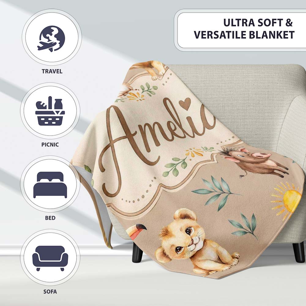 Jungle Animals Lion Meerkat Toucan Boar on Warm Beige Seamless Personalised Custom Name Super Soft Fleece Blanket Bed Sofa Throw