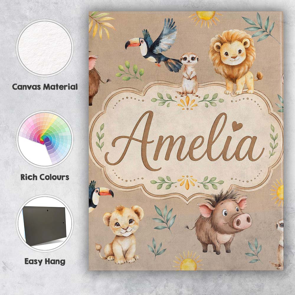 Personalised Name Jungle Animals Lion Custom Modern Room Accent Creative Decorator Style Canvas Wall Art Print Decor Picture Ready to Hang