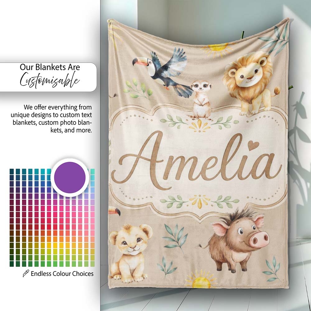 Jungle Animals Lion Meerkat Toucan Boar on Warm Beige Seamless Personalised Custom Name Super Soft Fleece Blanket Bed Sofa Throw