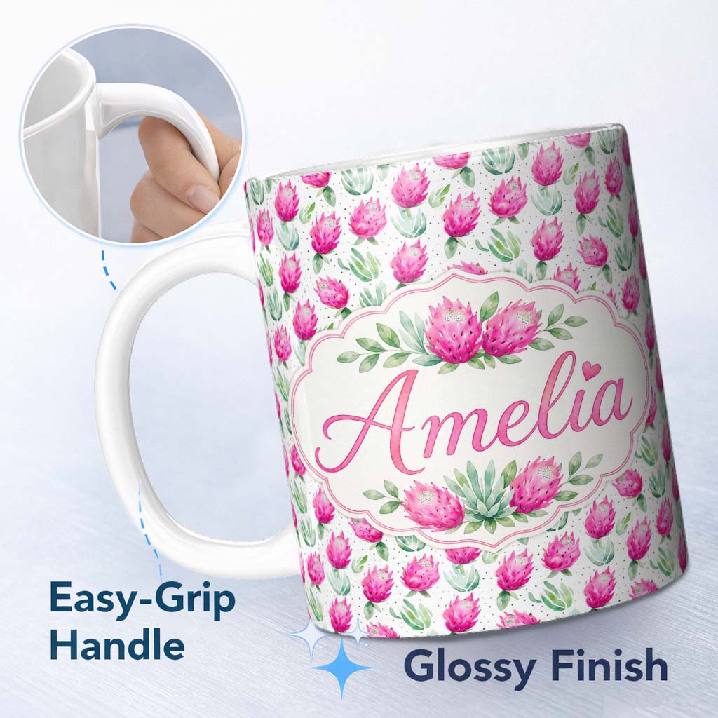 Personalized Custom Name Watercolour Dragon Fruit Pattern with Green Leaves on Light Lovely 11oz Ceramic Coffee Tea Mug White Large Handle
