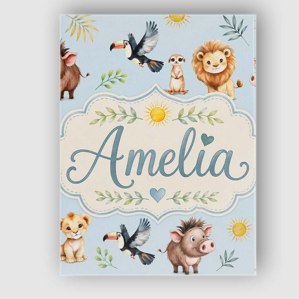 Personalised Name Jungle Animals Lion Custom Modern Room Accent Creative Decorator Style Canvas Wall Art Print Decor Picture Ready to Hang
