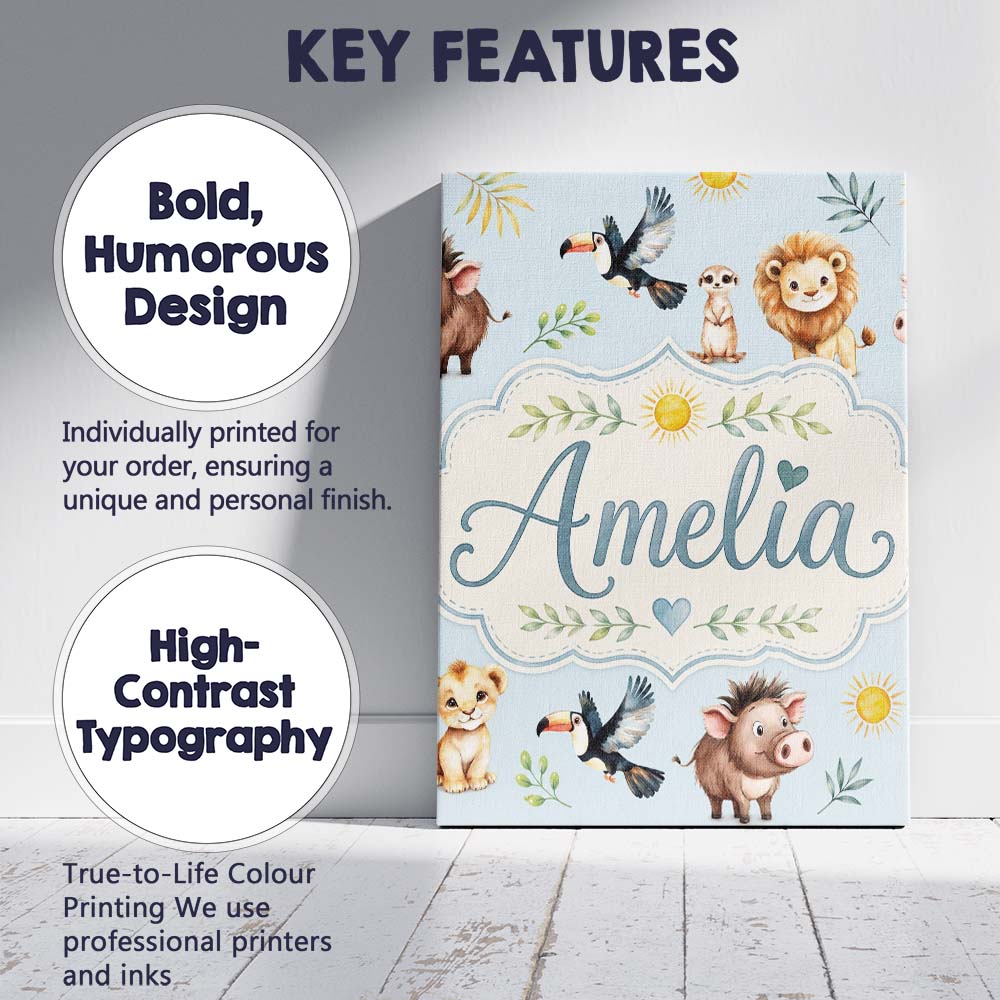 Personalised Name Jungle Animals Lion Custom Modern Room Accent Creative Decorator Style Canvas Wall Art Print Decor Picture Ready to Hang