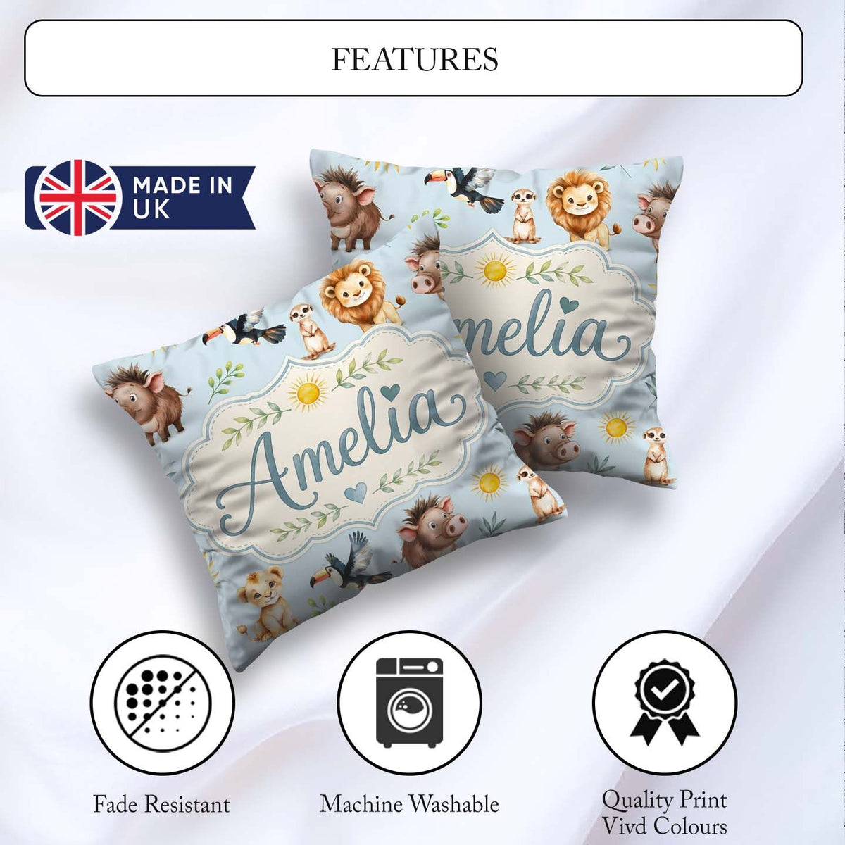 Custom Name Jungle Animals Lion Meerkat Toucan Boar on Soft Blue Square Filled Cushion Throw Pillow Sofa Bed Home Decor Zip Washable UK Made