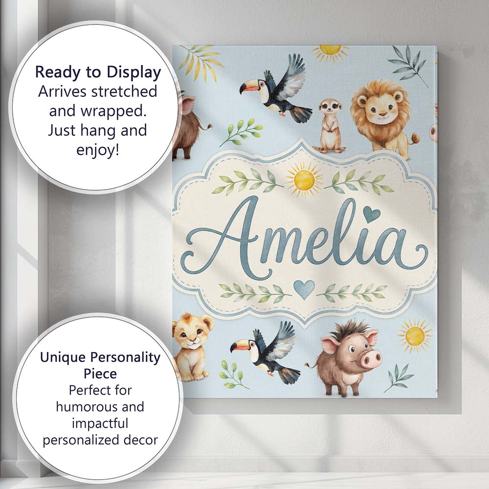 Personalised Name Jungle Animals Lion Custom Modern Room Accent Creative Decorator Style Canvas Wall Art Print Decor Picture Ready to Hang