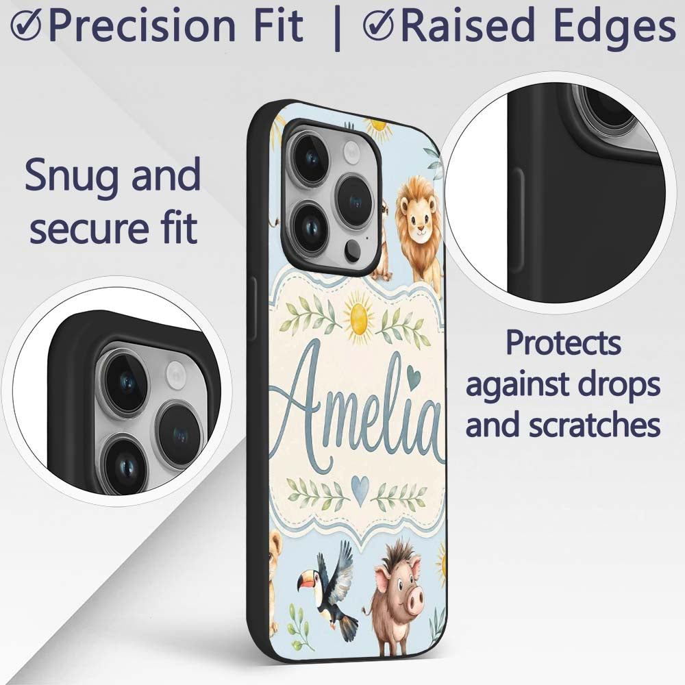 Jungle Animals Lion Meerkat Toucan Boar on Soft Custom Name Protective Phone Case Mobile Cover Durable Everyday Smartphone Shock Resistant