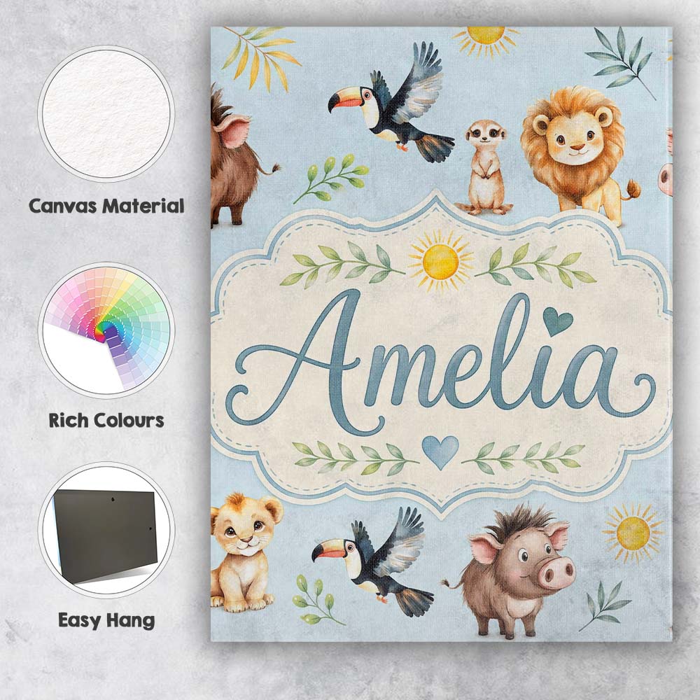 Personalised Name Jungle Animals Lion Custom Modern Room Accent Creative Decorator Style Canvas Wall Art Print Decor Picture Ready to Hang