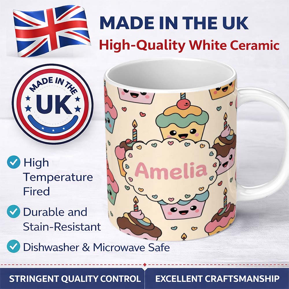 Personalized Custom Name Cute Kawaii Birthday Cupcakes Hearts Candle Sprinkles Pastel Lovely 11oz Ceramic Coffee Tea Mug White Large Handle