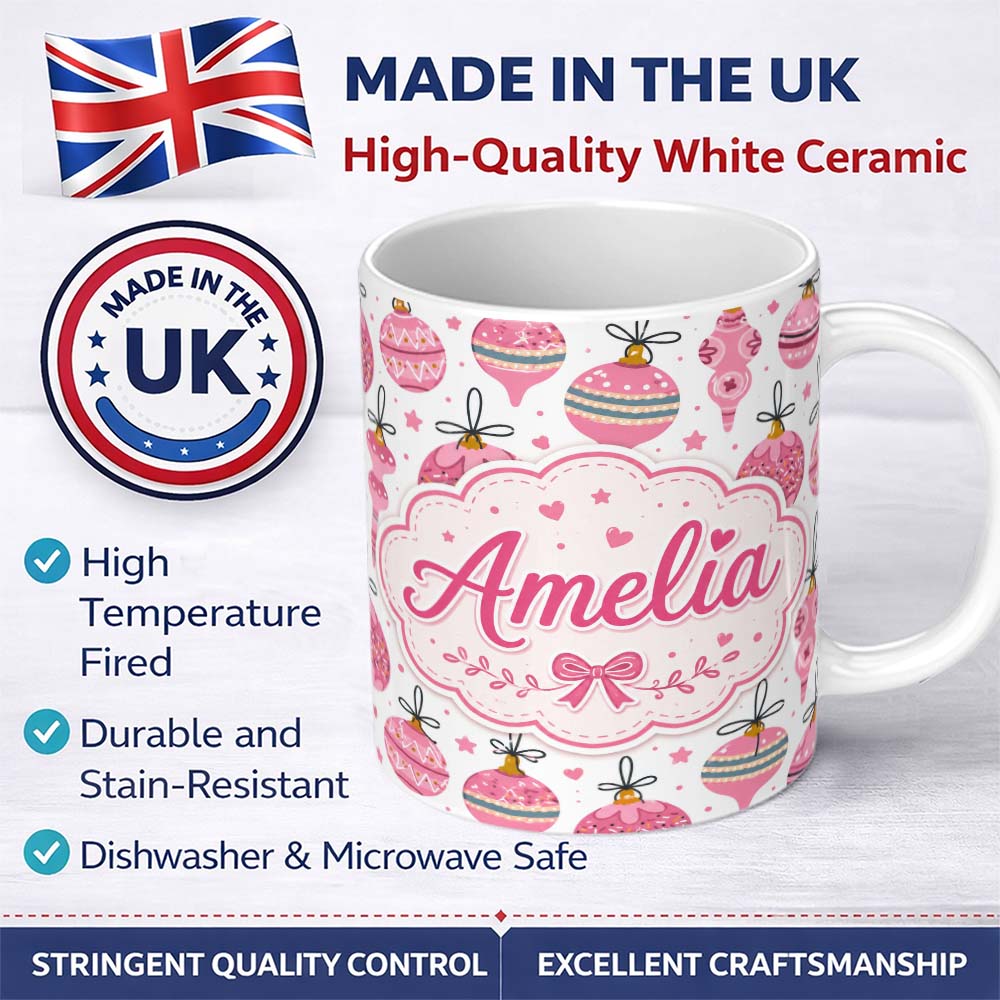Personalized Custom Name Cute Pink Christmas Baubles Ornament Hanging Seamless Pattern Lovely 11oz Ceramic Coffee Tea Mug White Large Handle