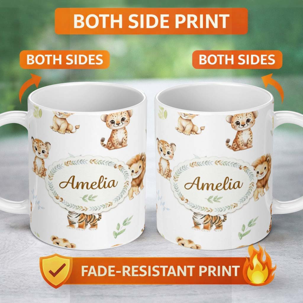 Personalized Custom Name Cute Baby Jungle Animals with Leaves on Soft Grey Background Lovely 11oz Ceramic Coffee Tea Mug White Large Handle