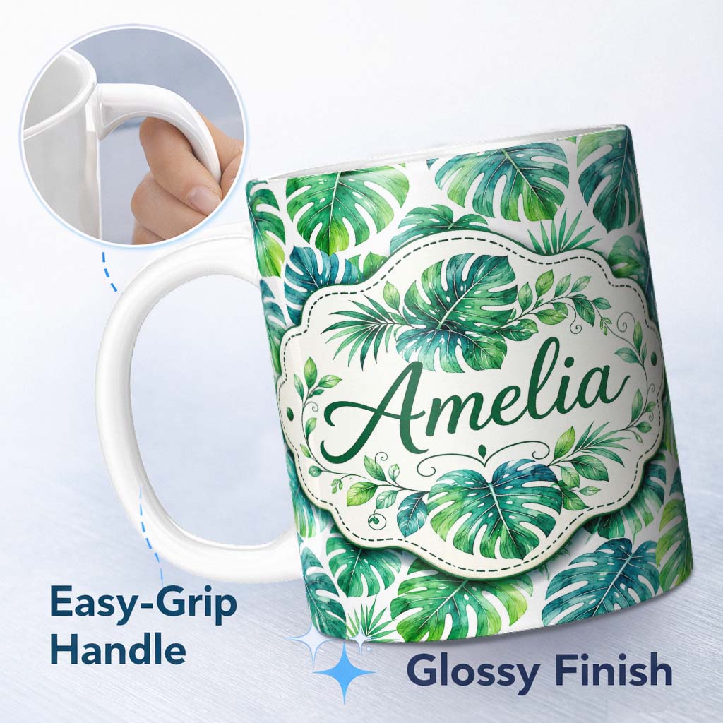 Personalized Custom Name Soft Watercolor Monstera Leaves in Fresh Green Tones Seamless Lovely 11oz Ceramic Coffee Tea Mug White Large Handle