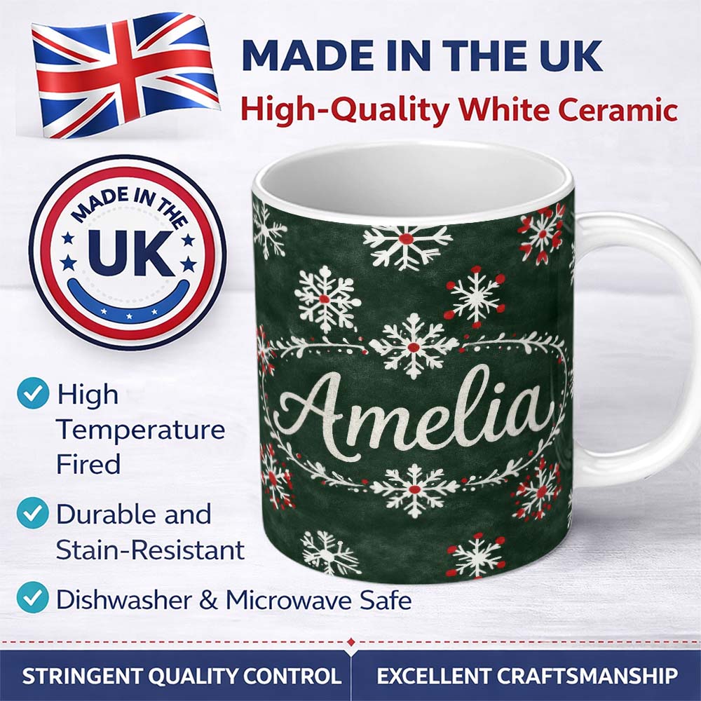 Personalized Custom Name Cute Winter Snowflakes Red White Green Seamless Pattern Lovely 11oz Ceramic Coffee Tea Mug White Large Handle